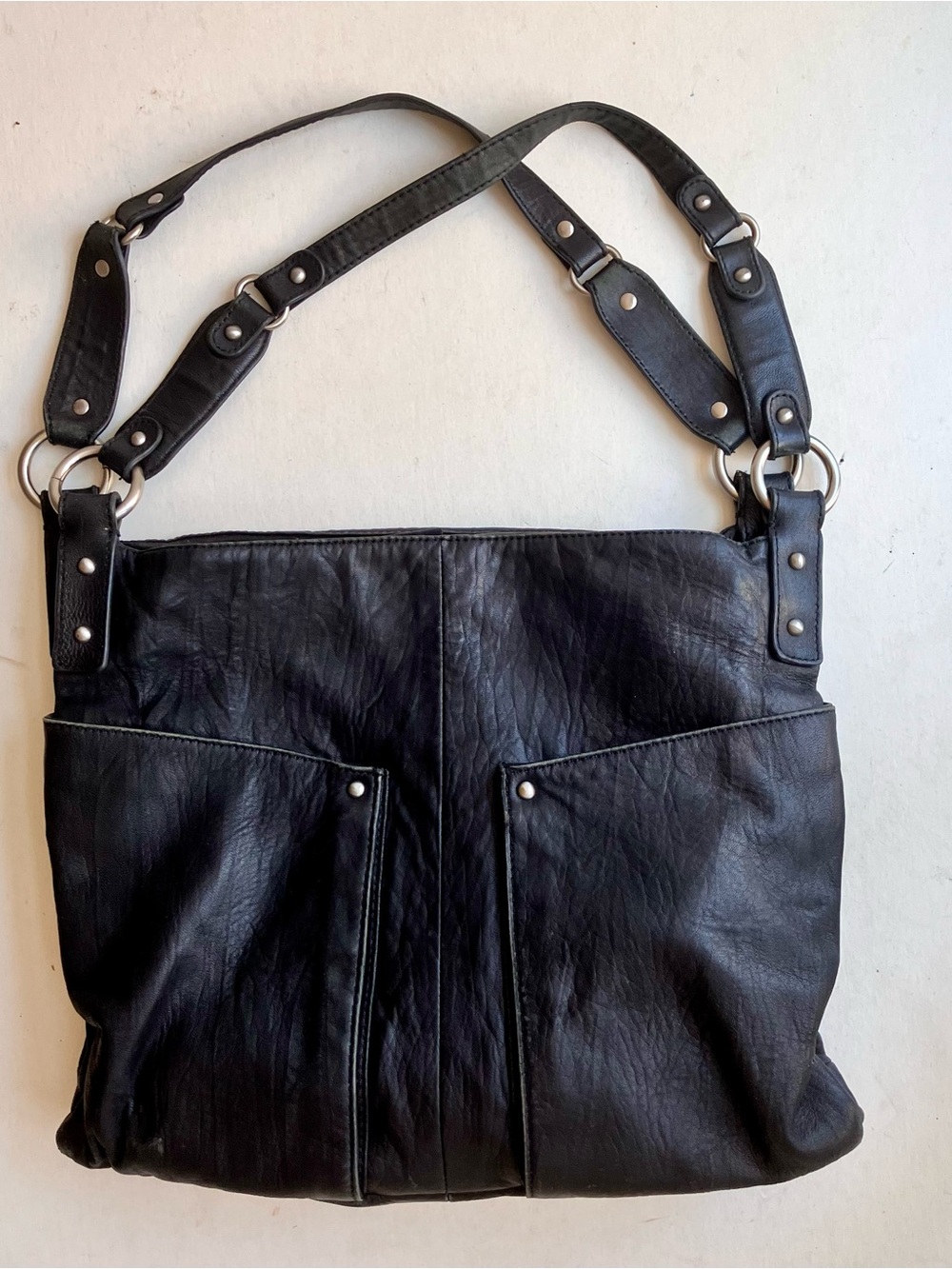 Perlina Purse Black Leather Double Strap Shoulder Bag